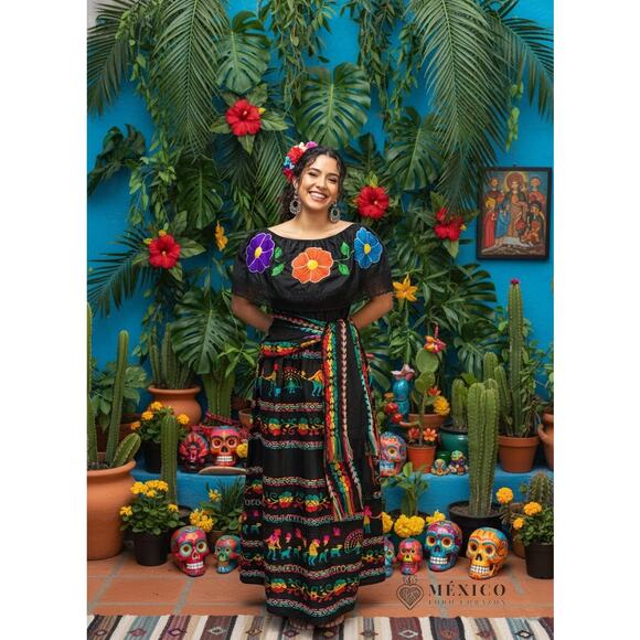 Mexican 3 piece set Blouse Cambaya skirt elastic waist and belt or mini rebozo - Picture 5 of 12